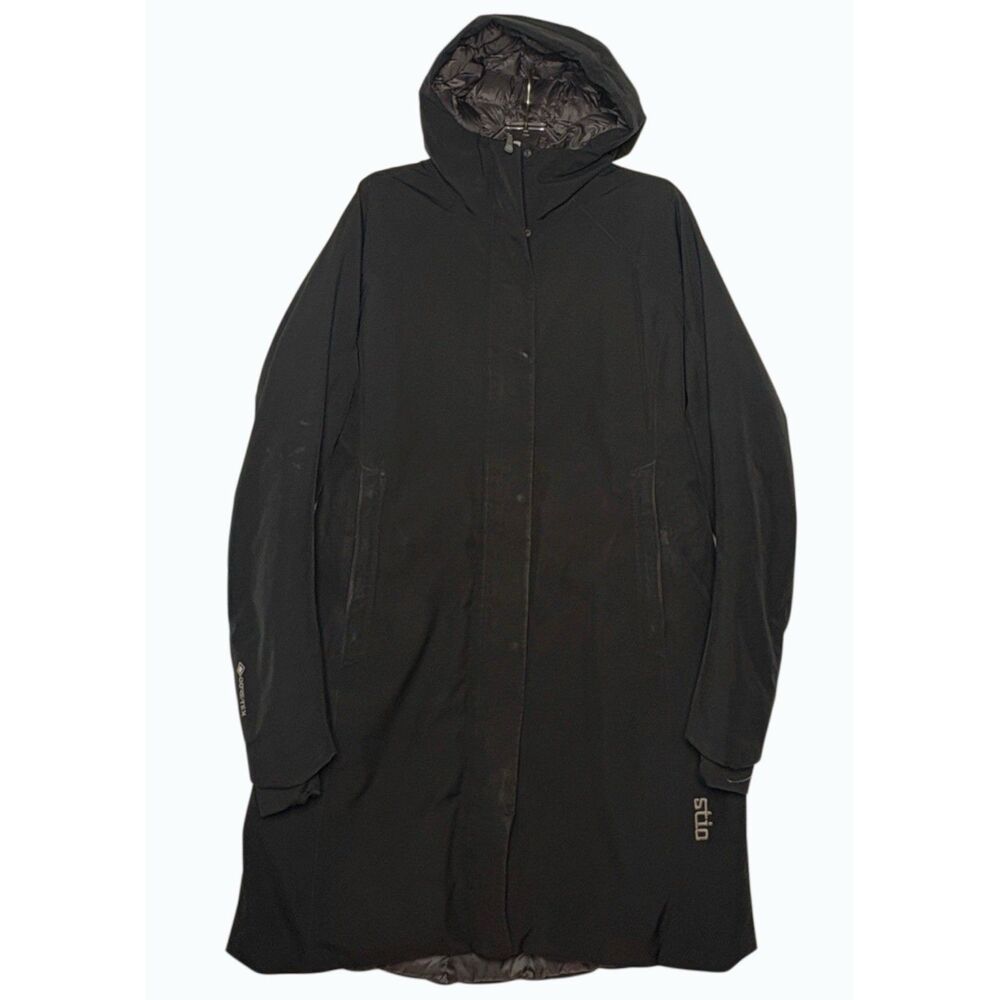 Stio Women's Parka Size Medium Shot 7 Goose Down Black Hood 36" Goretex 800 Fill